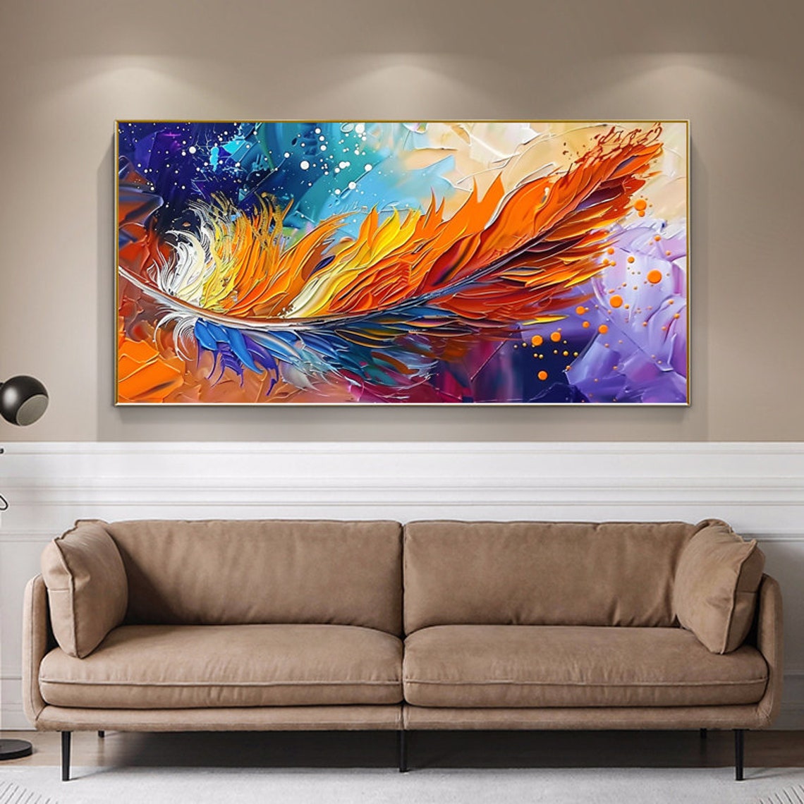 Blazing Orange Feather Sweeping Over a Violet Dreamscape Wall Art - Image 4