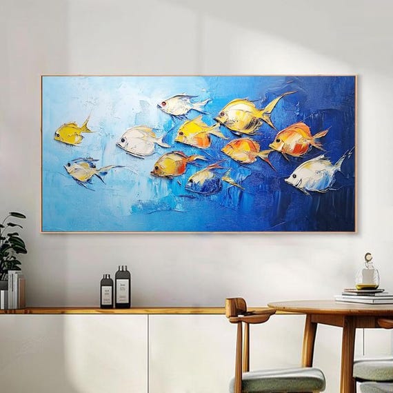 Hand Painted Abstract Palette Knife Oil Painting Blue Ocean With Tropical Fish Textured Layered Art For Living Room Entryway Dining Room