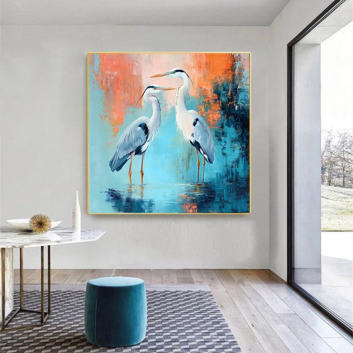 Two White Herons Teal Water Coral Sunset Abstract Painting Poster - Image 5