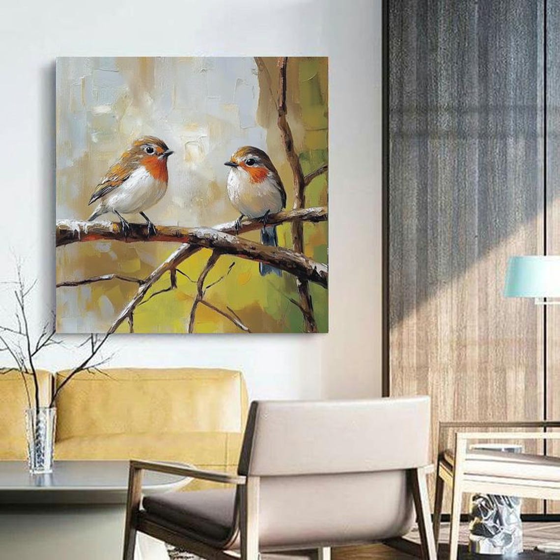Two Sweet Robins With Orange Breasts Perched on Branches Square Poster - Image 3