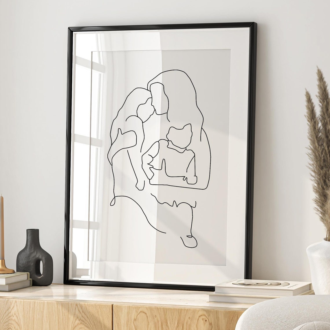 Loving Mother Kissing Her Child Tender Continuous Line Art Poster