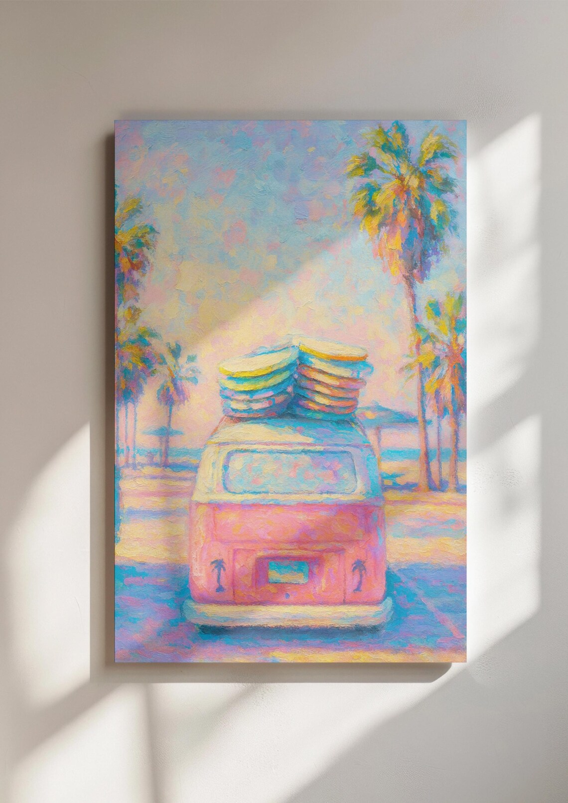 Pink Retro Surf Van Beach Wall Poster, Pastel Coastal Surfboard Art