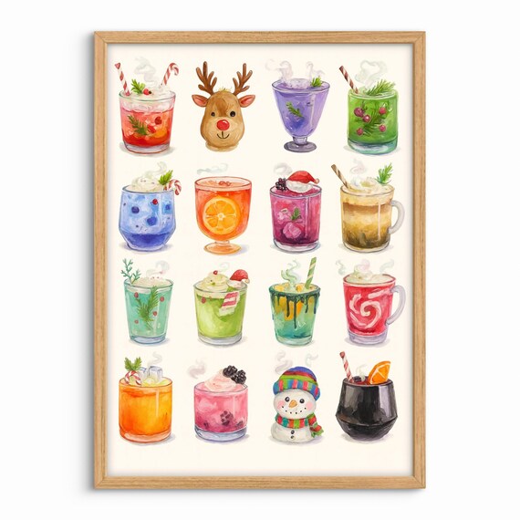 Christmas Holiday Drinks Watercolor Poster, Festive Kitchen Bar Decor