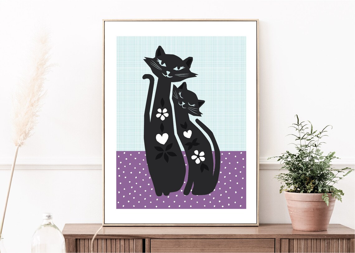 Black Cat Retro Cat Art Print - Image 2