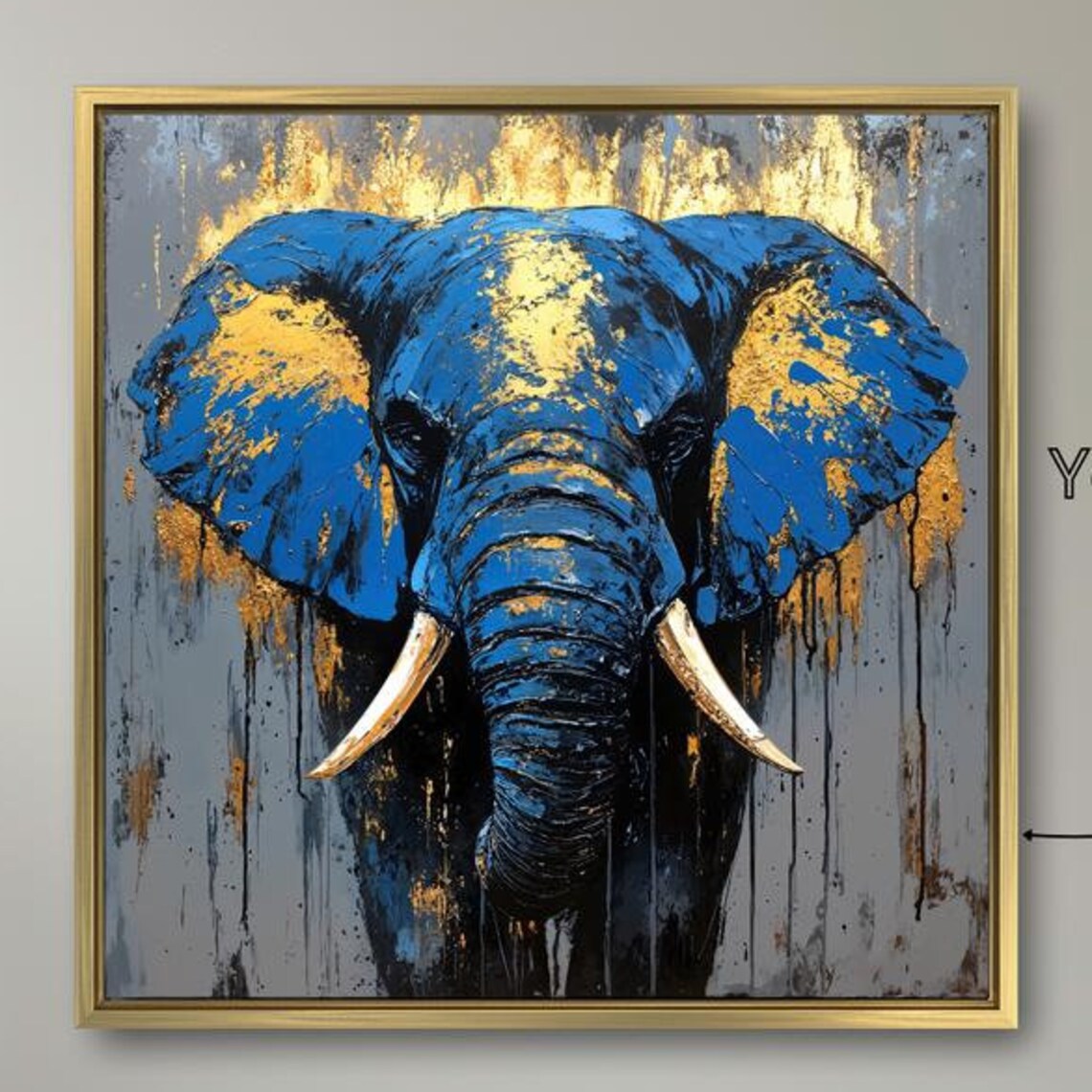 Majestic Blue Gold Elephant Face Close Up Abstract Safari Wall Art Poster