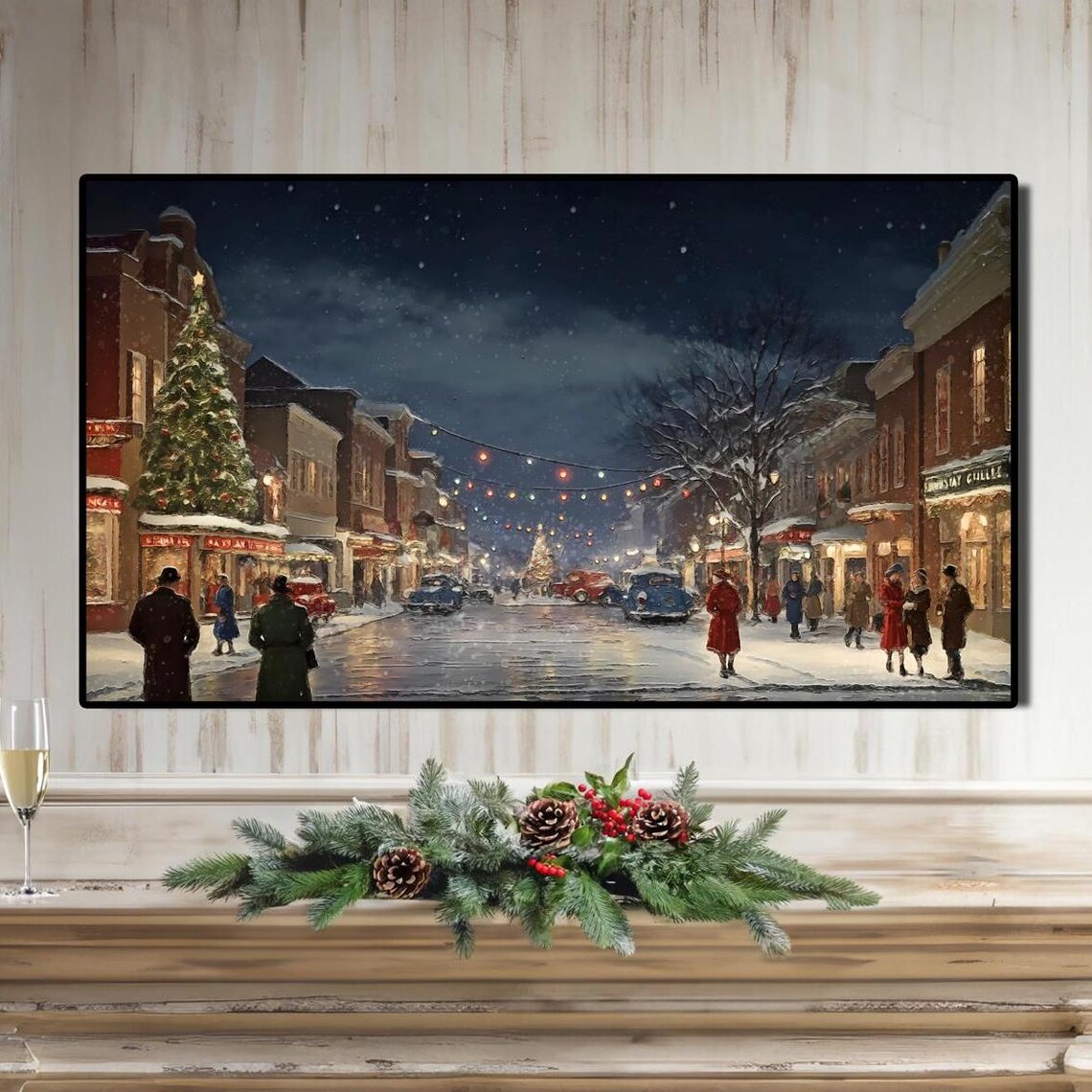 Vintage Christmas Town Square Snowy Night Street Scene Poster