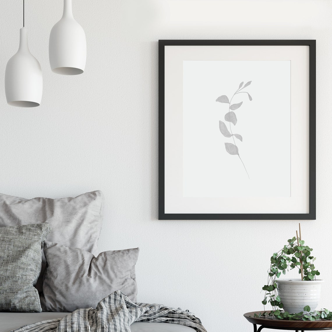 Boho Botanical Gray Eucalyptus Sprig Minimalist Neutral Framed Print