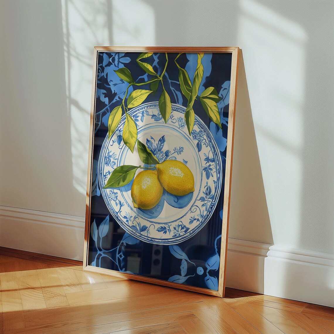 Lemons on Delft Plate Citrus Still Life Kitchen Painting Poster