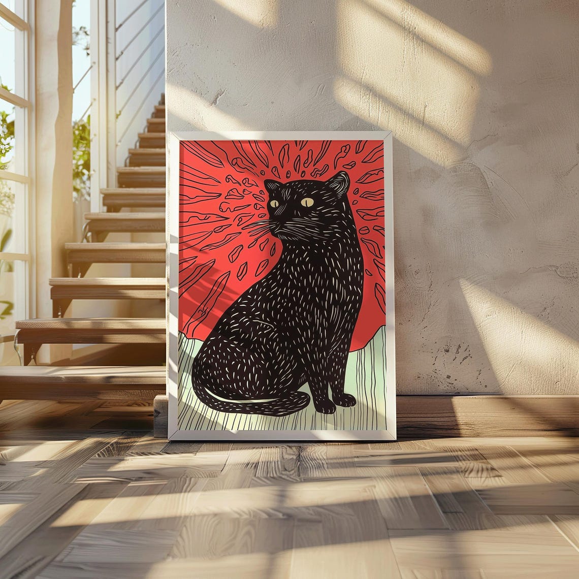 Black Cat Bold Line Art Print Mystical Animal Illustration Red Background Poster Graphic Minimal Pet Wall Decor Mara In Shadows