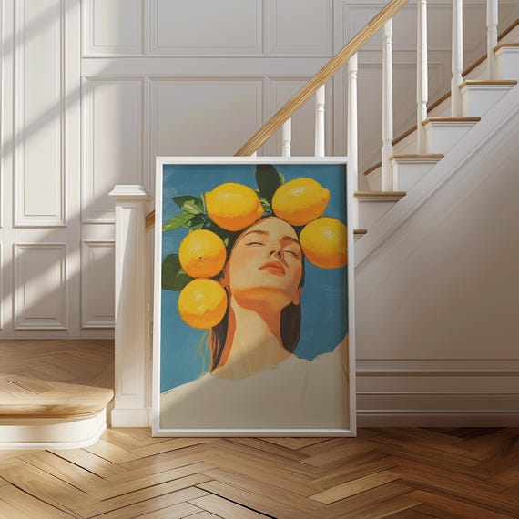 Lemon Crown Woman Art Summer Citrus Wall Print Feminine Portrait Whimsical Fruit Illustration Reverie