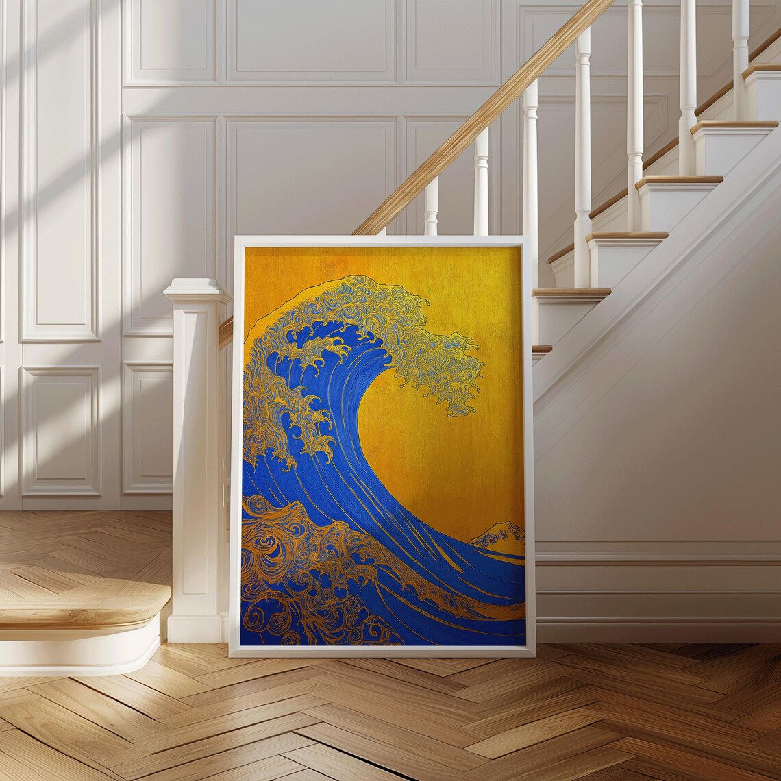 Japanese Style Blue Wave Wall Art Print Gold Background Ocean Poster Coastal Home Decor Azure