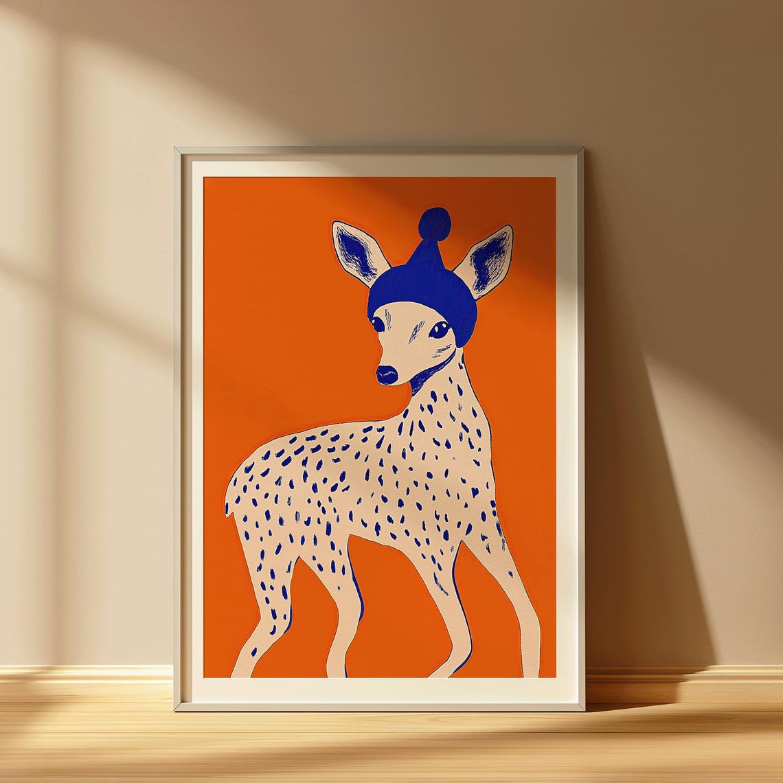 Whimsical Deer Art Print In Beanie Hat Orange And Blue Wall Kids Room Poster Cozy Doe