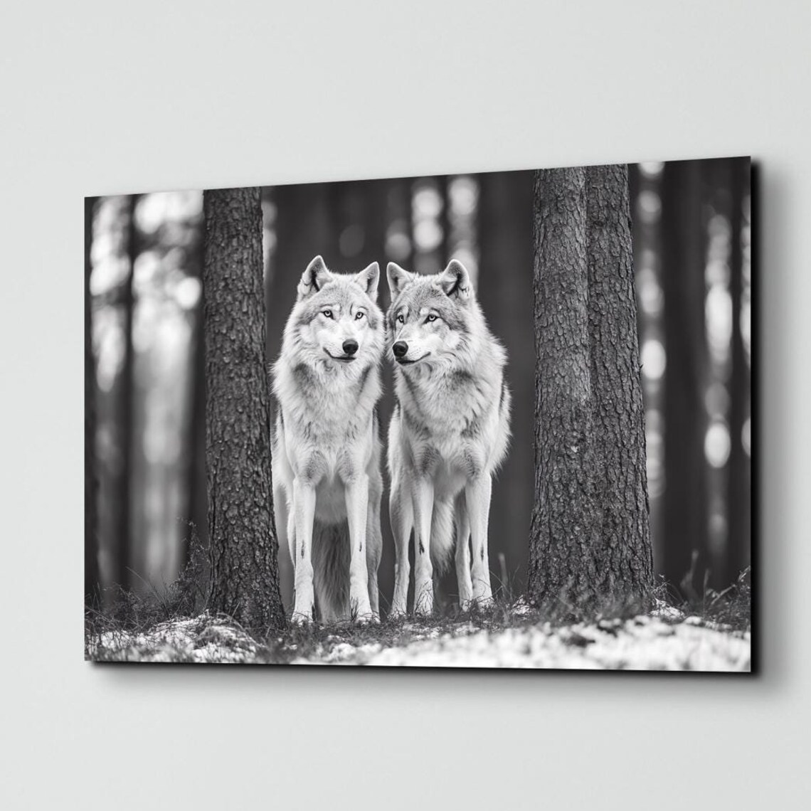Two Gray Wolves Between Pine Trees Black and White Photo Poster