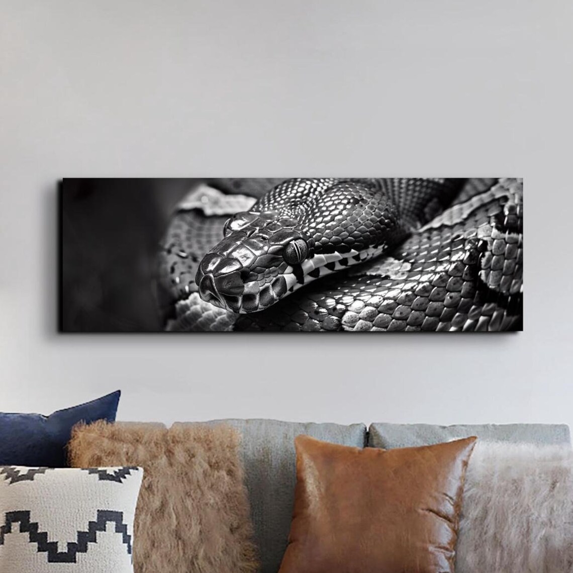 Black and White Snake Close Up Panoramic Reptile Photography Poster