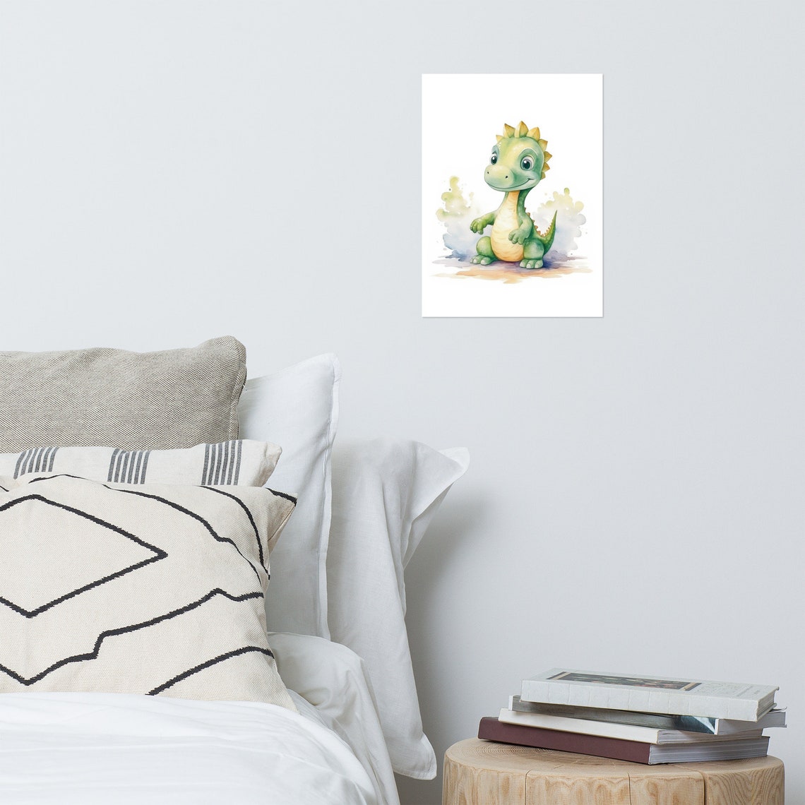 Smiling Baby Dinosaur Watercolor Splash Green Nursery Wall Art - Image 4