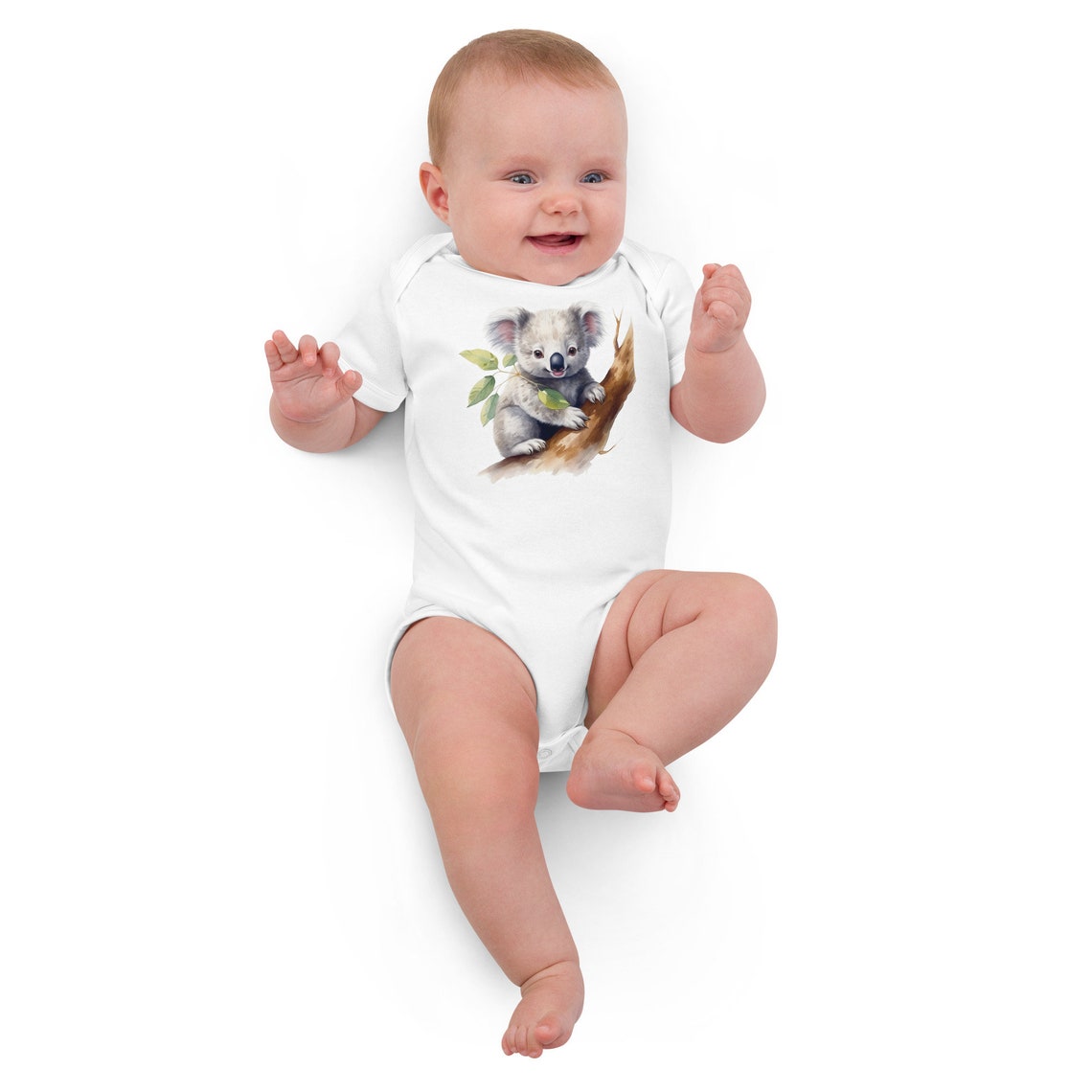 Baby Koala Watercolor Design Shown On White Baby Onesie Poster - Image 4