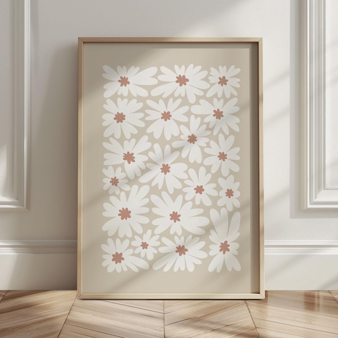 White Daisy Grid Floral Pattern Warm Beige Botanical Art Poster - Image 3