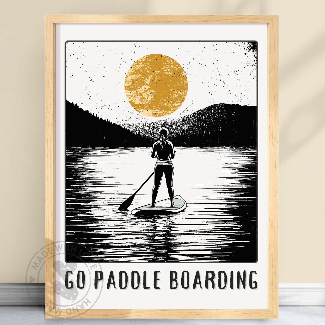 Go Paddle Boarding Woman Lake Sunset Black White Gold Poster