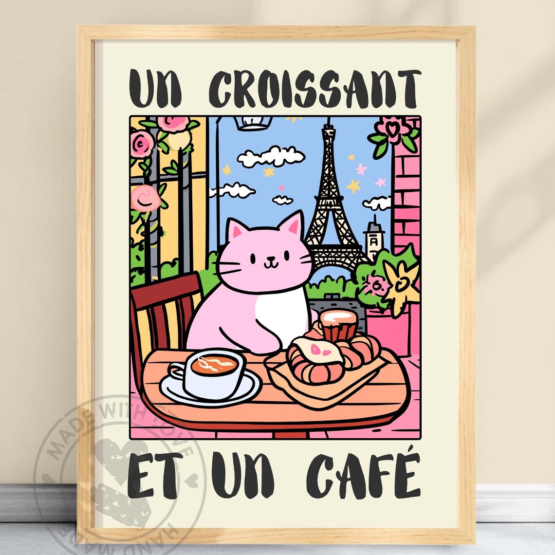 Un Croissant Et Un Cafe Pink Cat Paris Poster French Kitchen Art