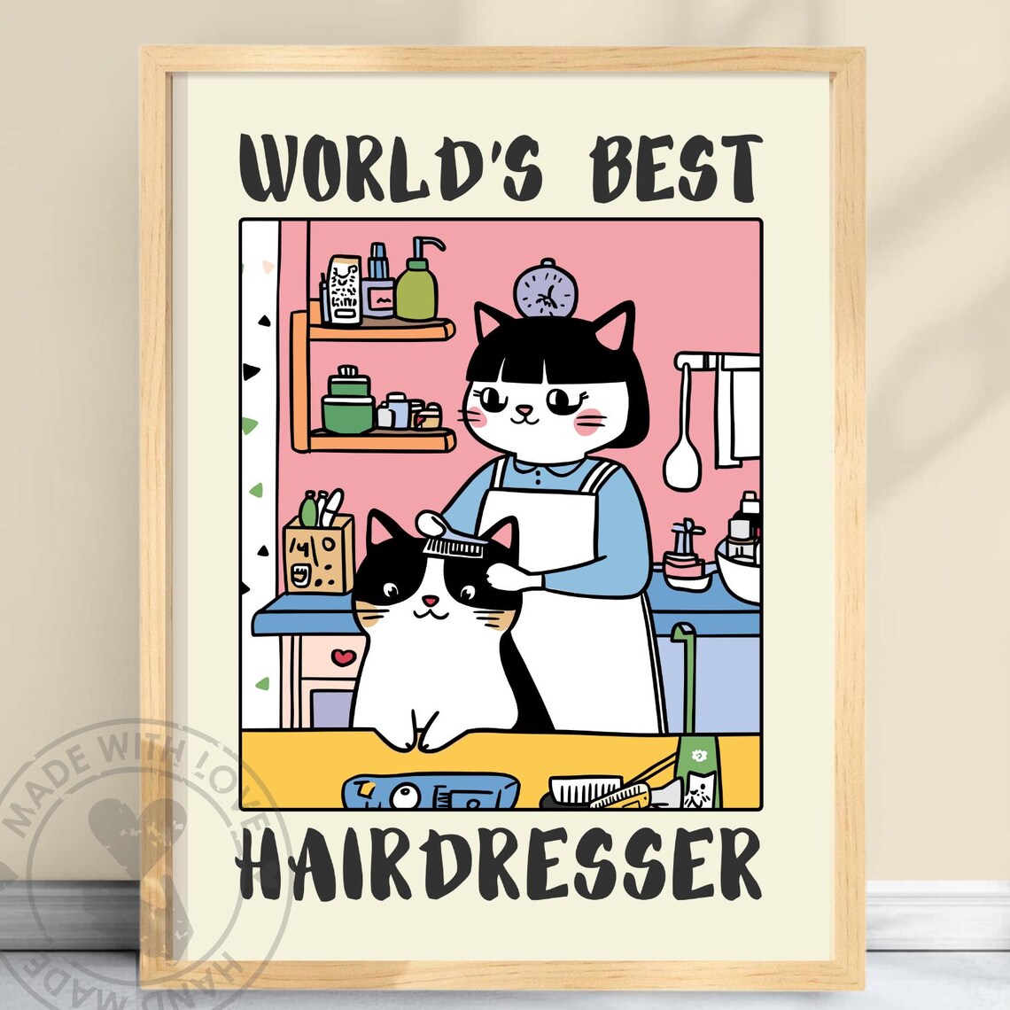 World's Best Hairdresser Cat Salon Cartoon Cute Stylist Gift Poster