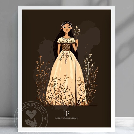 Eir Norse Goddess Of Healing Floral Staff Illustration Poster