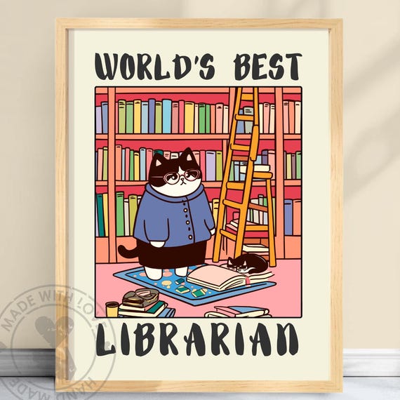 Cat Librarian Poster Funny Feline Art Print