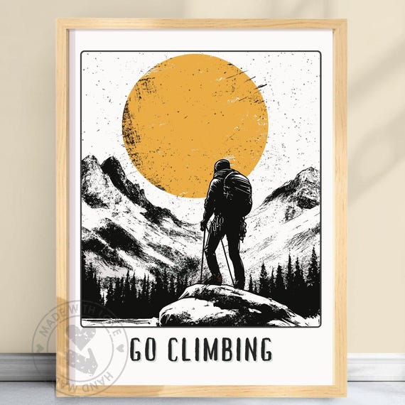 Go Climbing Poster Black White Gold Mountain Art