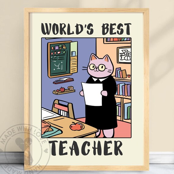 World's Best Teacher Cat in Classroom With Chalkboard Cute Gift Poster