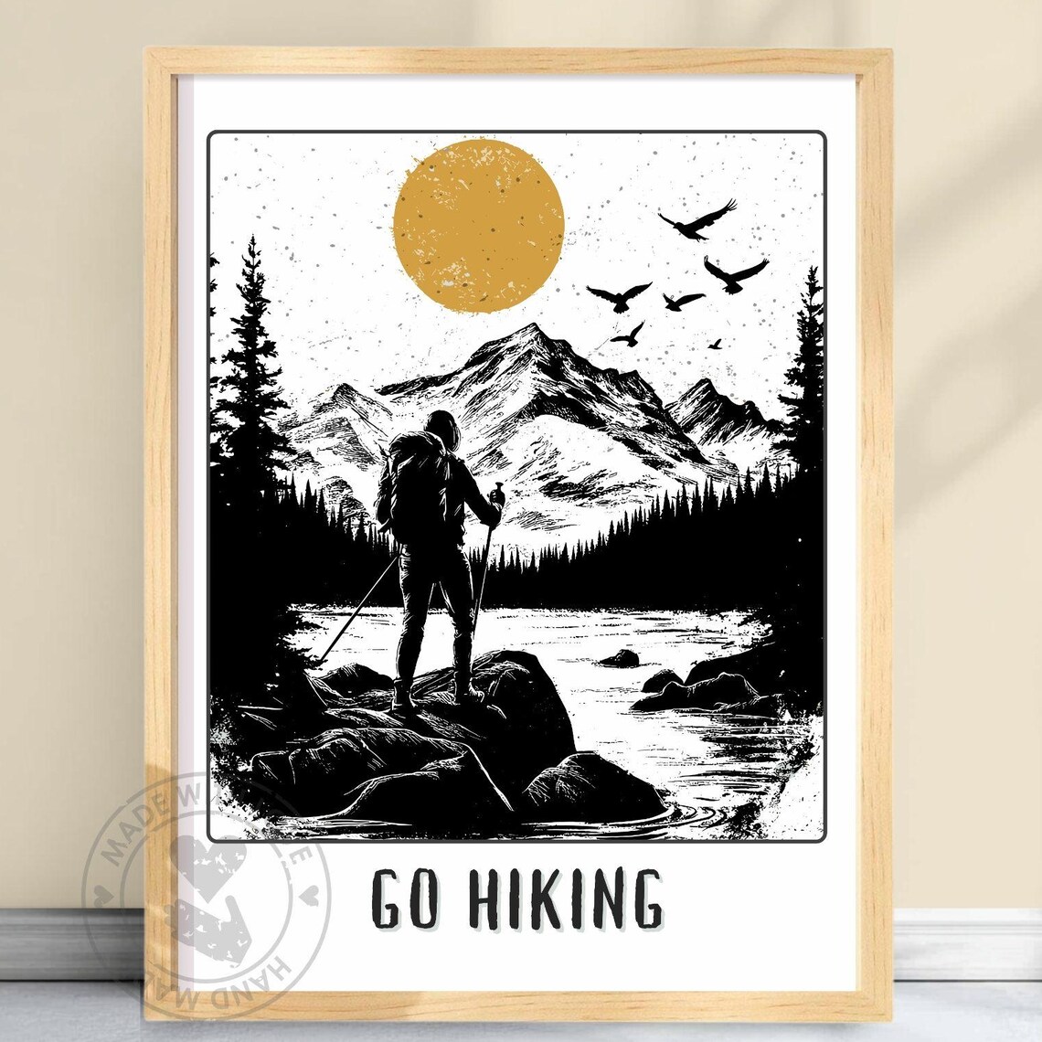 Go Hiking Mountain Trail Adventure Black White And Gold Poster