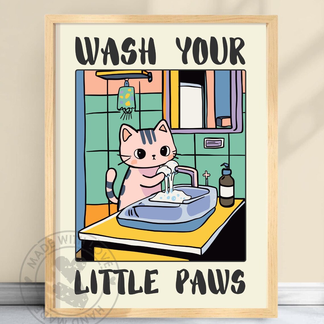 Wash Your Paws Cat Print, Cute Kawaii Bathroom Poster
