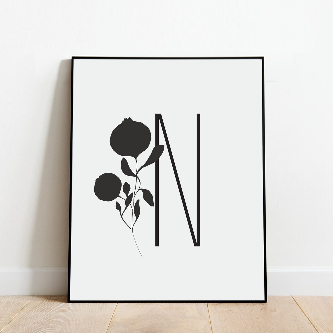 Letter N Botanical Initial Wall Art with Black Branch Silhouette - Image 4