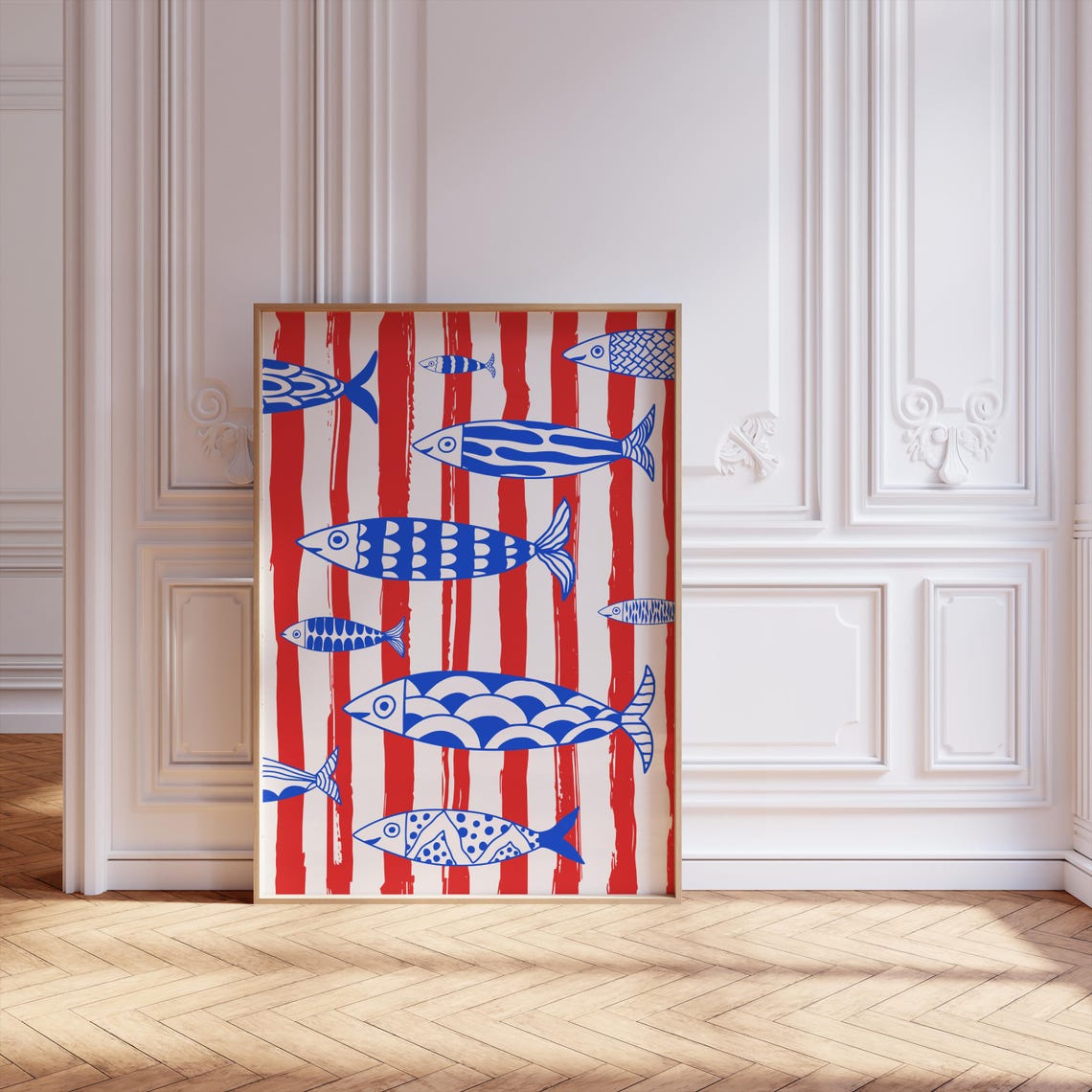 Patterned Blue Sardines Red Stripes Nautical Fish Art Poster - Image 2