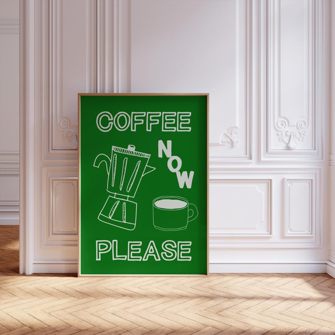 Coffee Now Please Moka Pot Sketch Poster in White on Deep Green