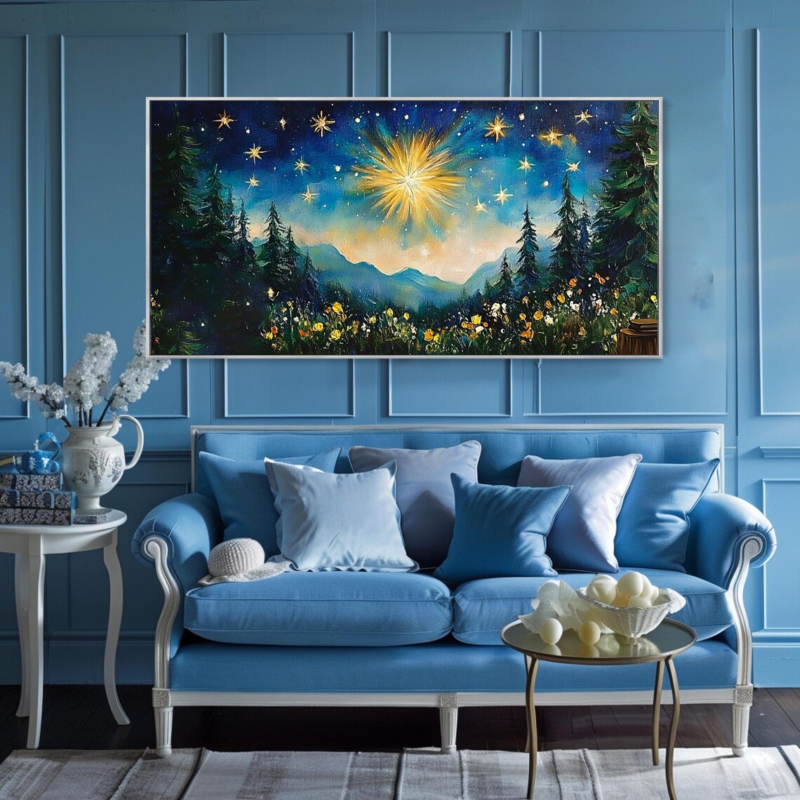 Starry Night Pine Forest Glowing Star Flower Meadow Oil Painting Wall Art - Image 3