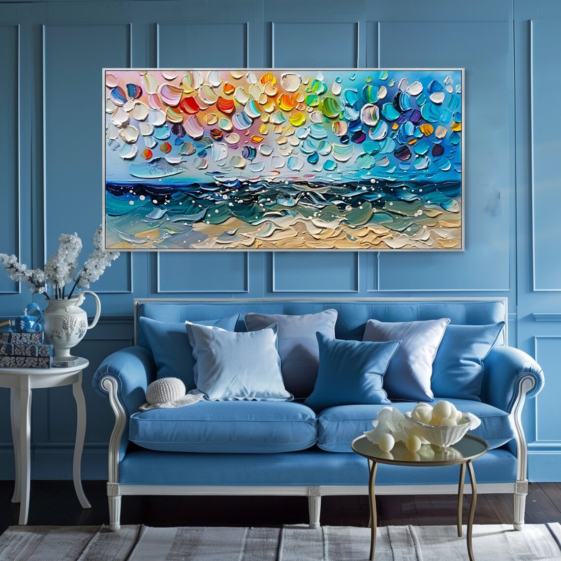 Colorful Dotted Sky Ocean Horizon Abstract Seascape Textured Art Travel Poster - Image 3