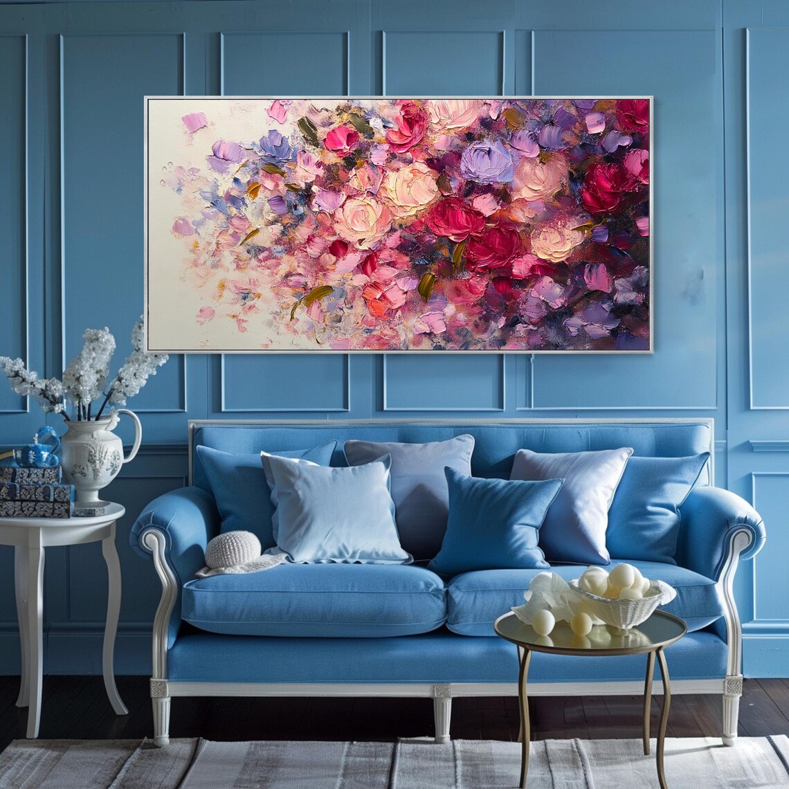 Lush Cascading Pink Purple Rose Blossoms Cream Floral Art Poster - Image 3