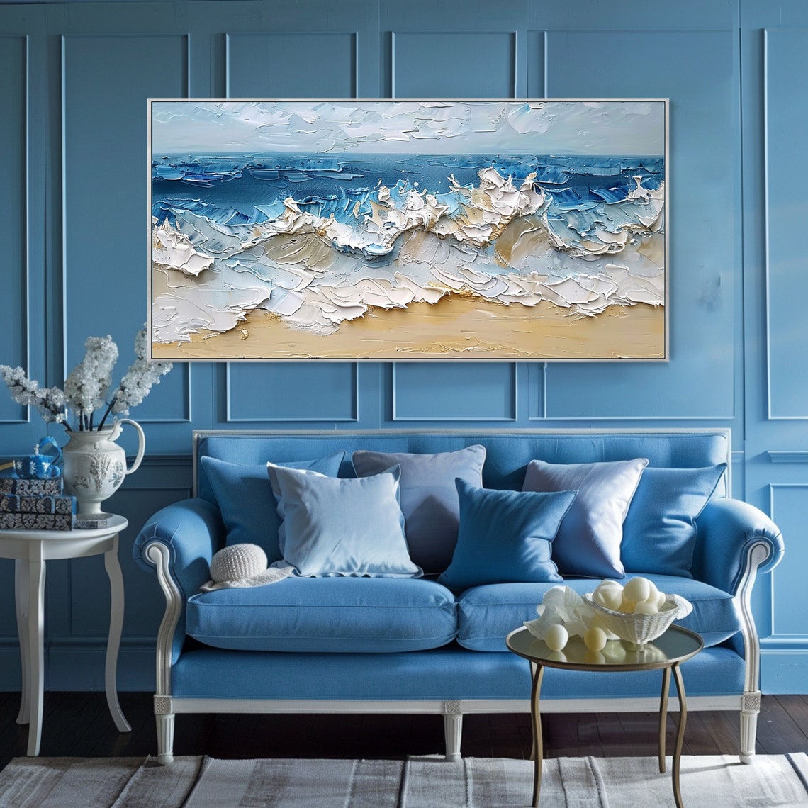 Crashing Blue Ocean Waves White Foam Sandy Beach Impasto Wall Art - Image 2