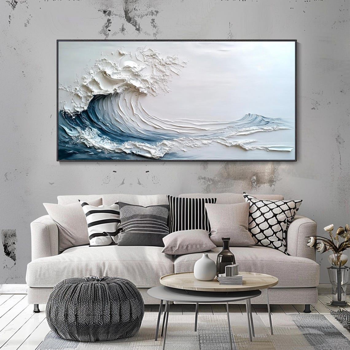 Great Ocean Wave Curl White Plaster Textured Impasto Seascape Wall Art - Image 3