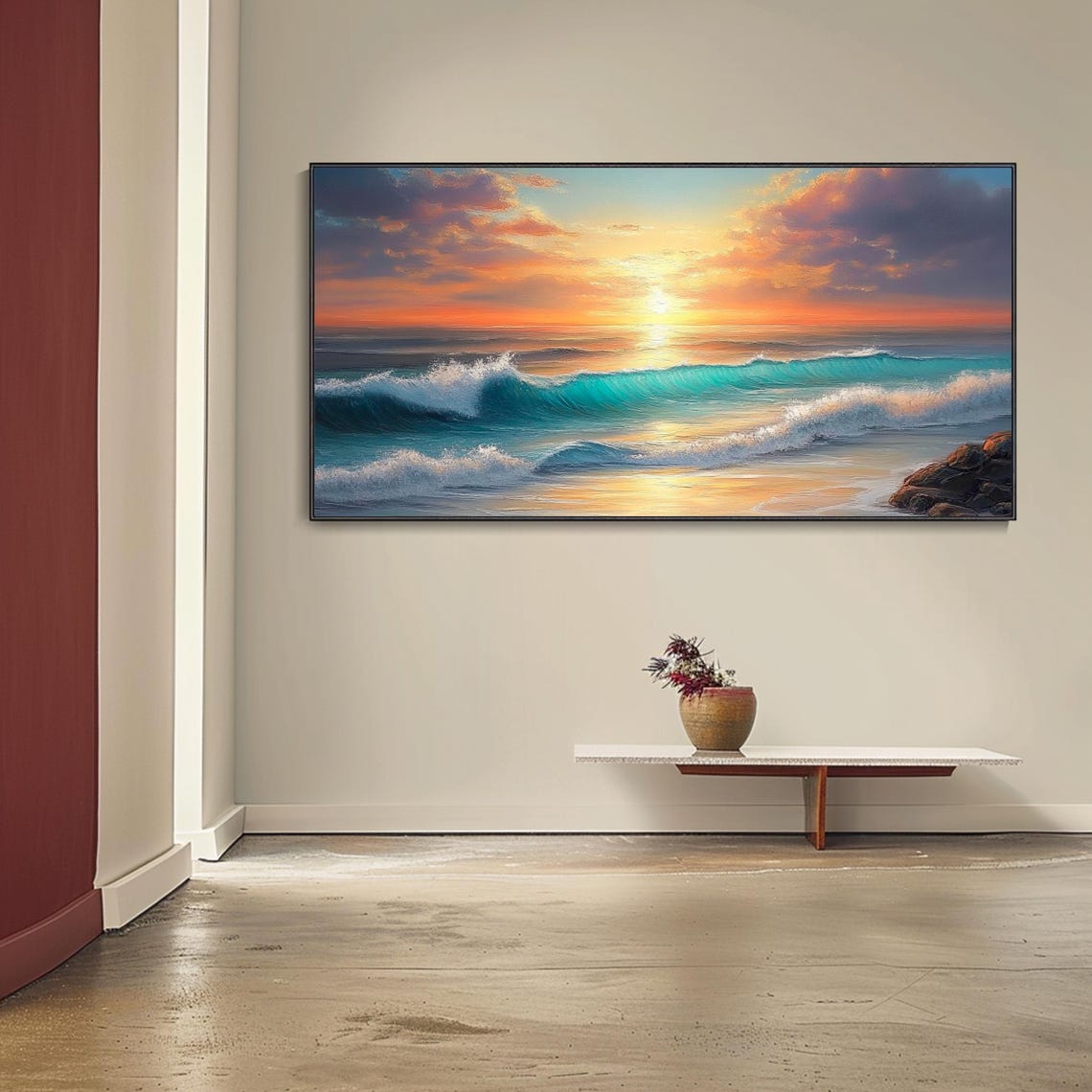 Turquoise Ocean Wave Sunset Golden Sky Rocky Shore Surf Travel Poster - Image 3