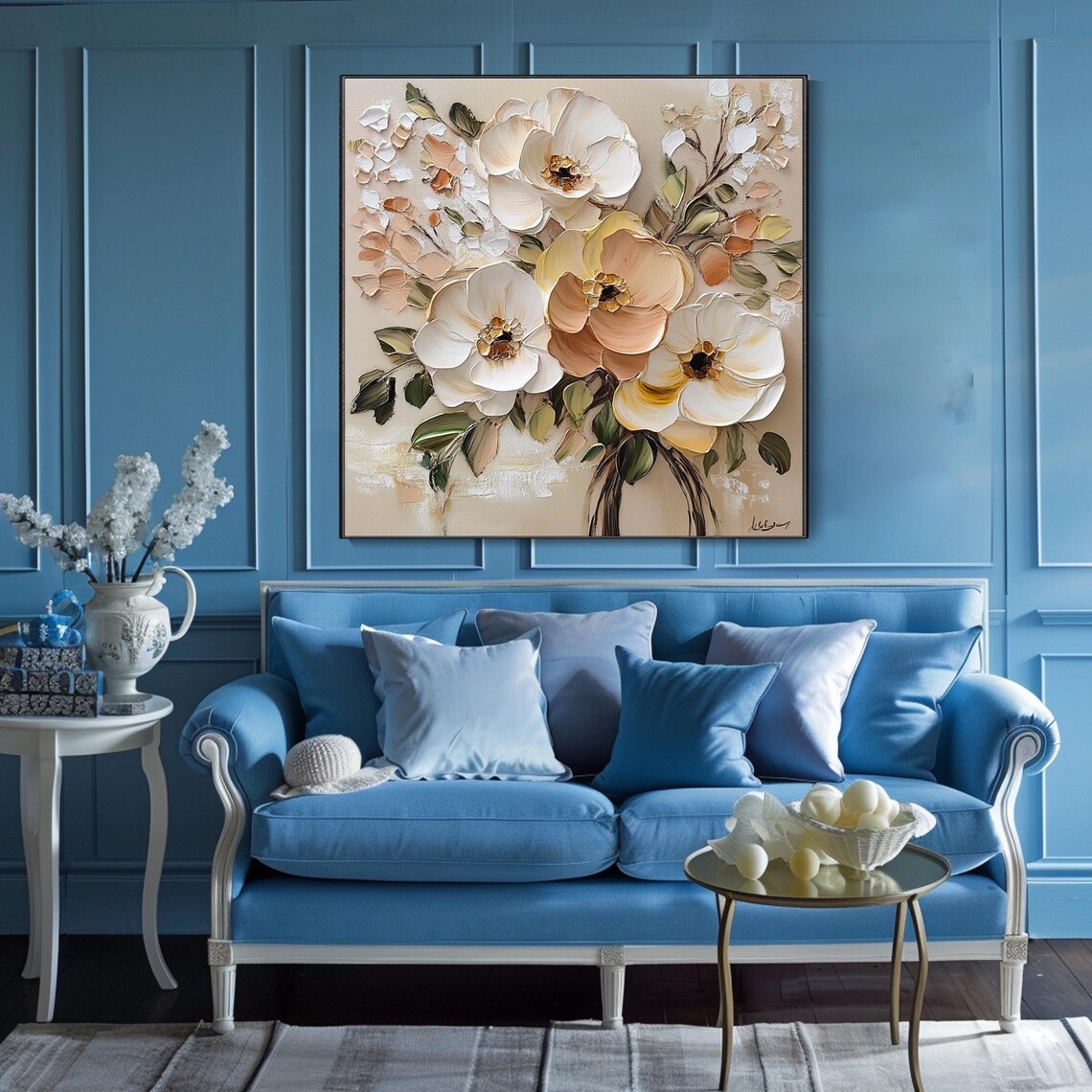Cream Peony Blossom Bouquet Beige Textured Floral Elegant Wall Art - Image 3