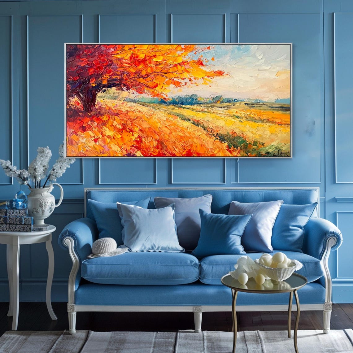 Fiery Autumn Tree Golden Field Sunset Landscape Impasto Wall Art - Image 3
