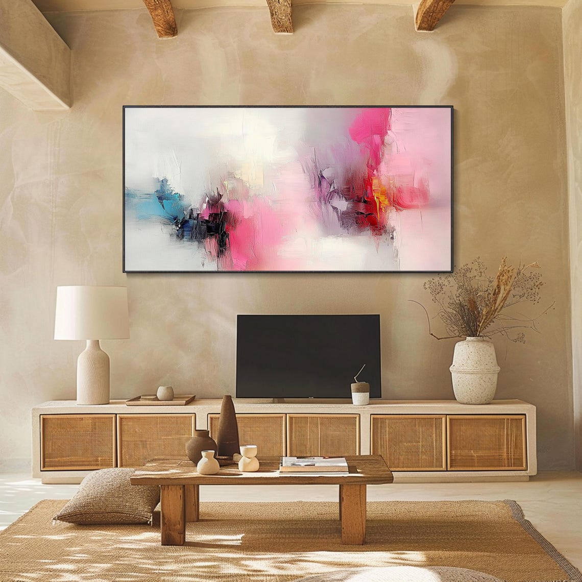 Soft Pink White Abstract Teal Accents Minimalist Modern Art Poster - Image 2