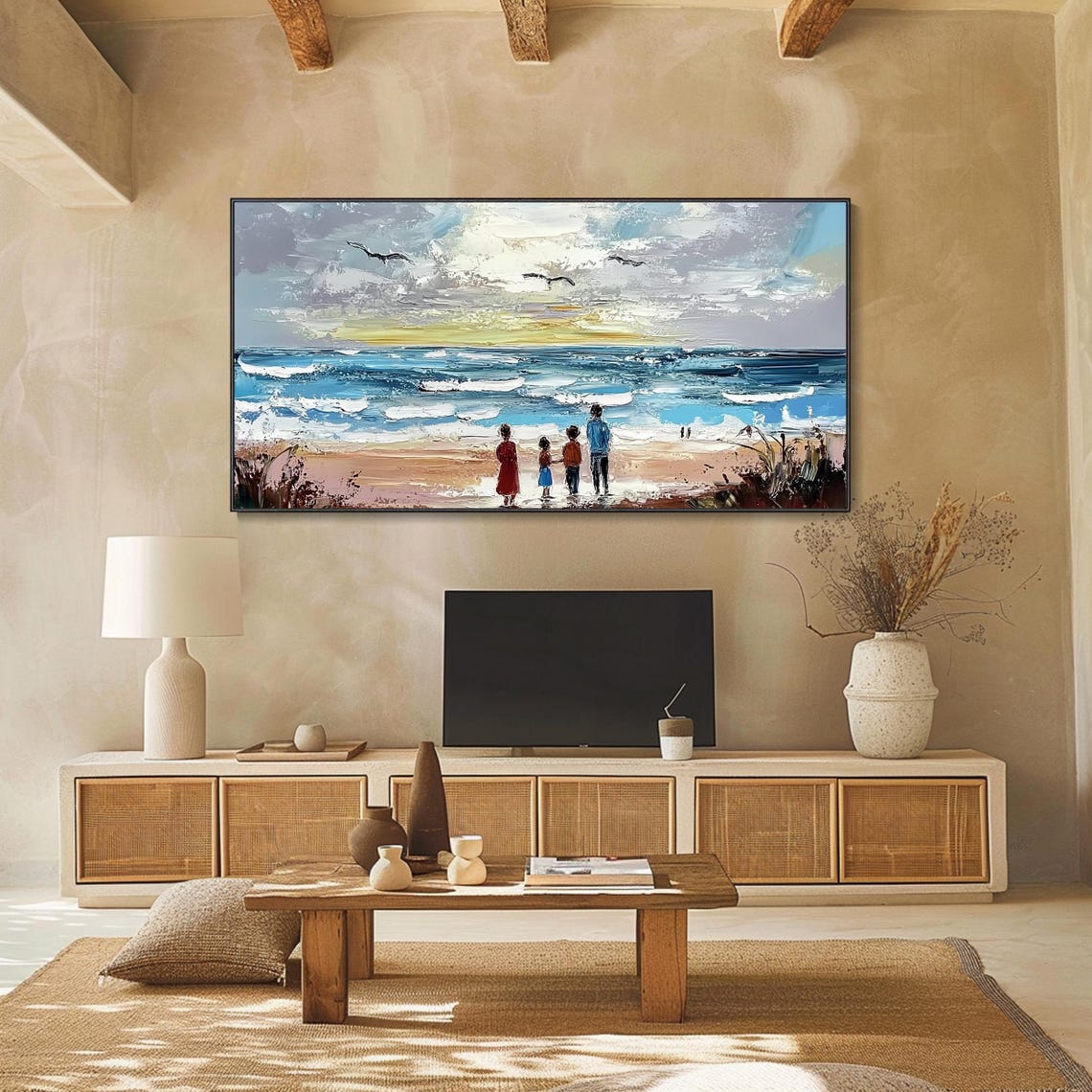Family Beach Walk Silhouettes Watching Ocean Sunset Impasto Wall Art - Image 2