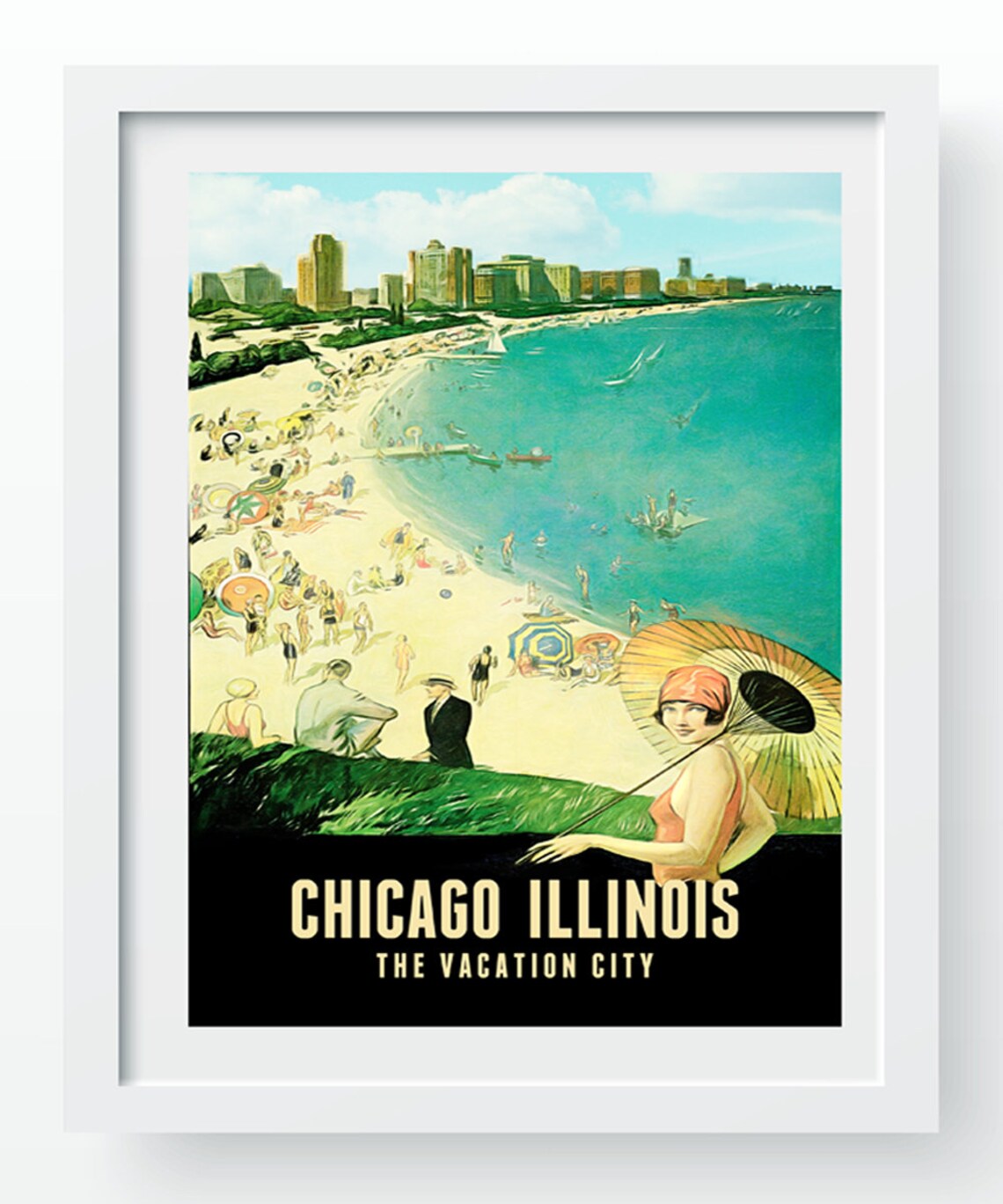 Chicago Illinois The Vacation City Vintage Beach Travel Poster