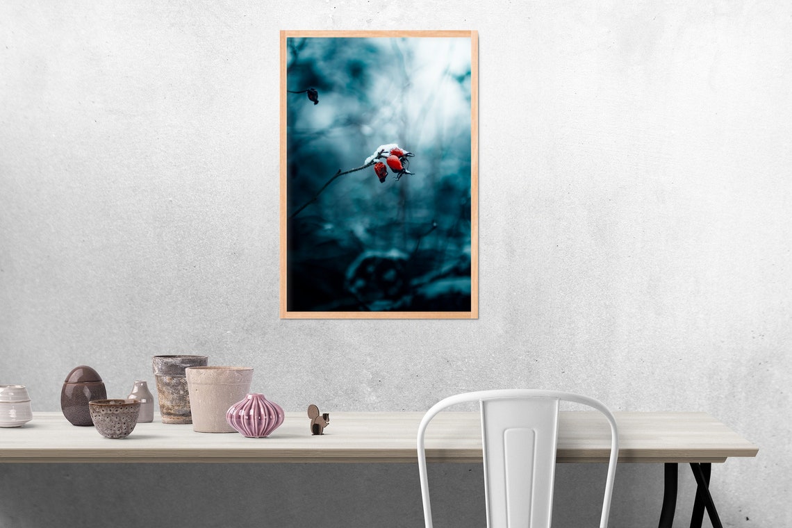 Snow-Dusted Red Rose Hips Glowing Against a Cold Blue Winter Poster - Image 2