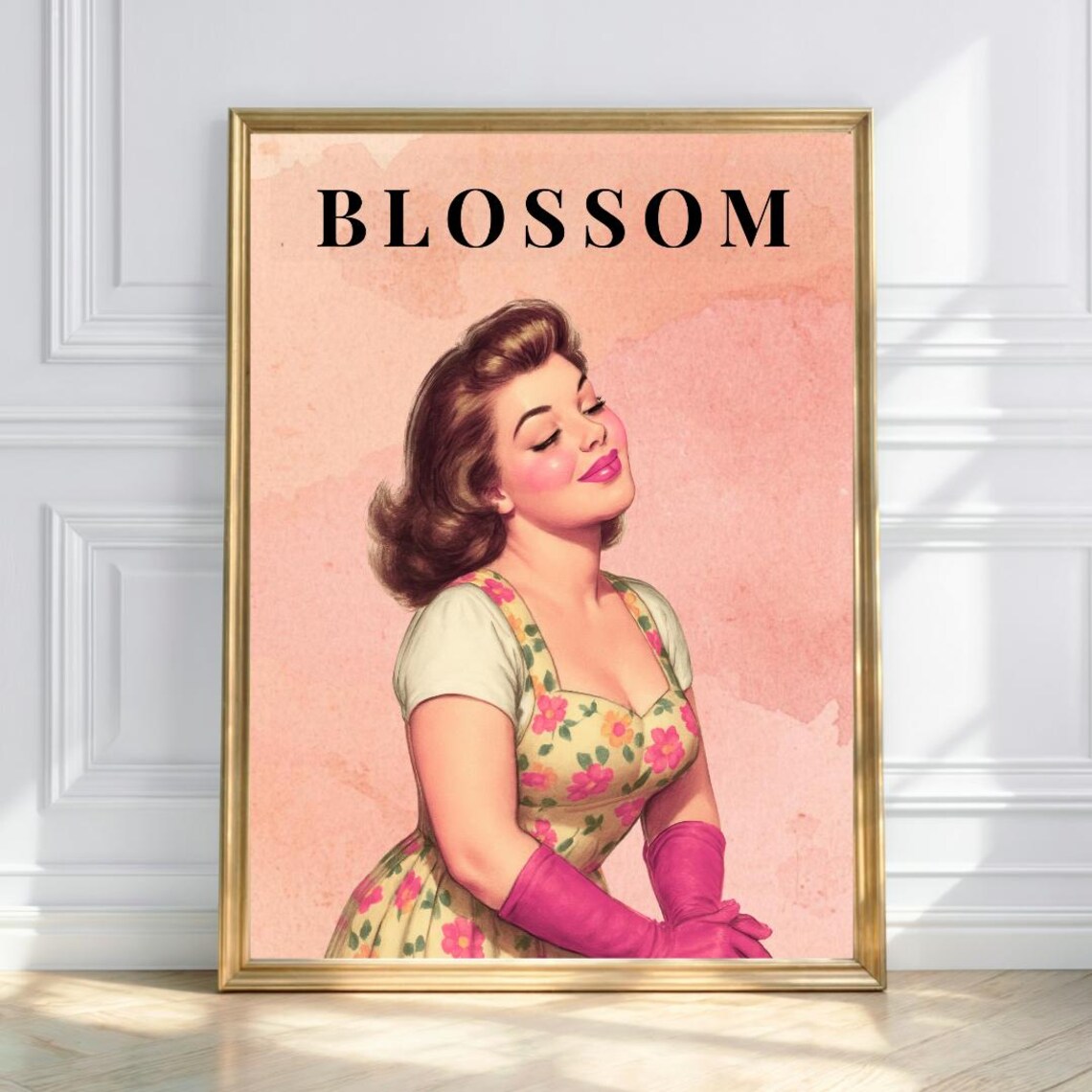 Blossom Glam Retro Pin Up Lady Floral Dress Vintage Art Poster