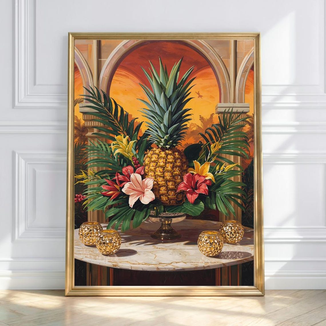 Art Deco Pineapple Tropical Still Life Sunset Archway Poster