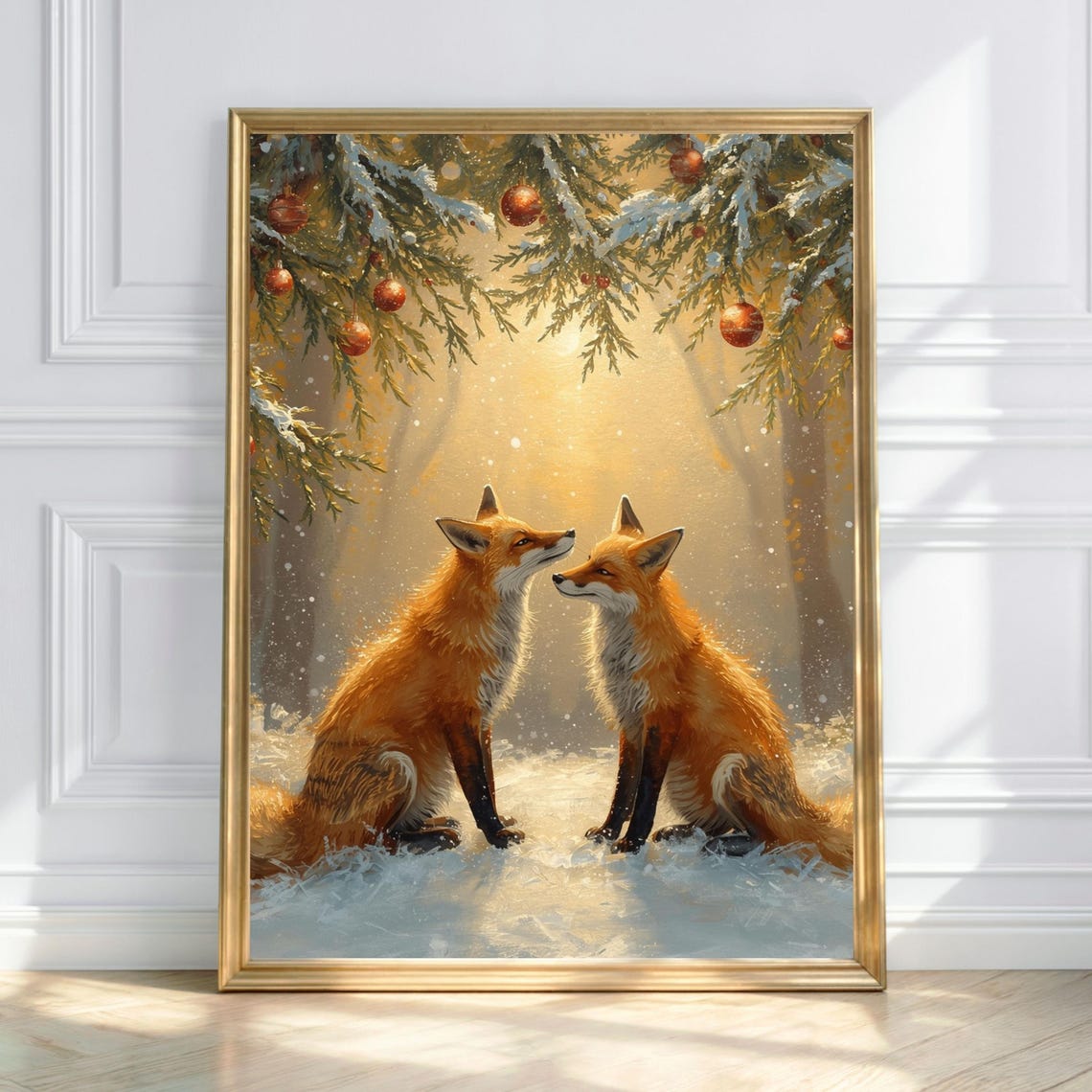 Romantic Red Fox Pair Nuzzling Under Snowy Pine Branches Print