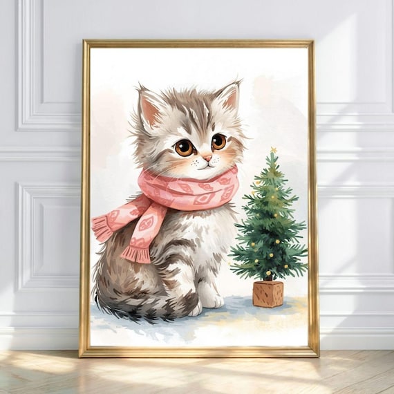Cute Christmas Kitten in Pink Scarf Watercolor Holiday Tree Poster