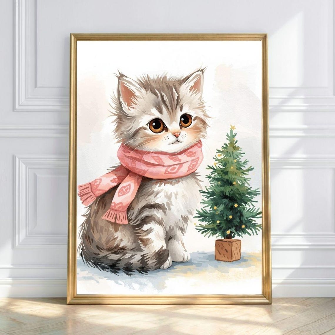 Cute Christmas Kitten in Pink Scarf Watercolor Holiday Tree Poster
